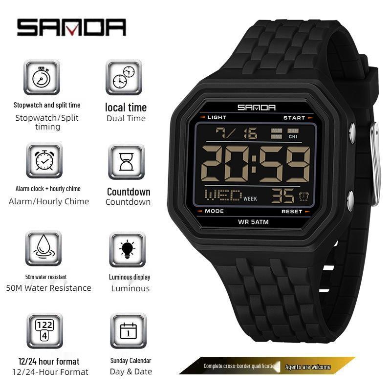 SANDA Unisex Fashion Square Multifunctional Wristwatch – Waterproof, Alarm, Electronic Timer.