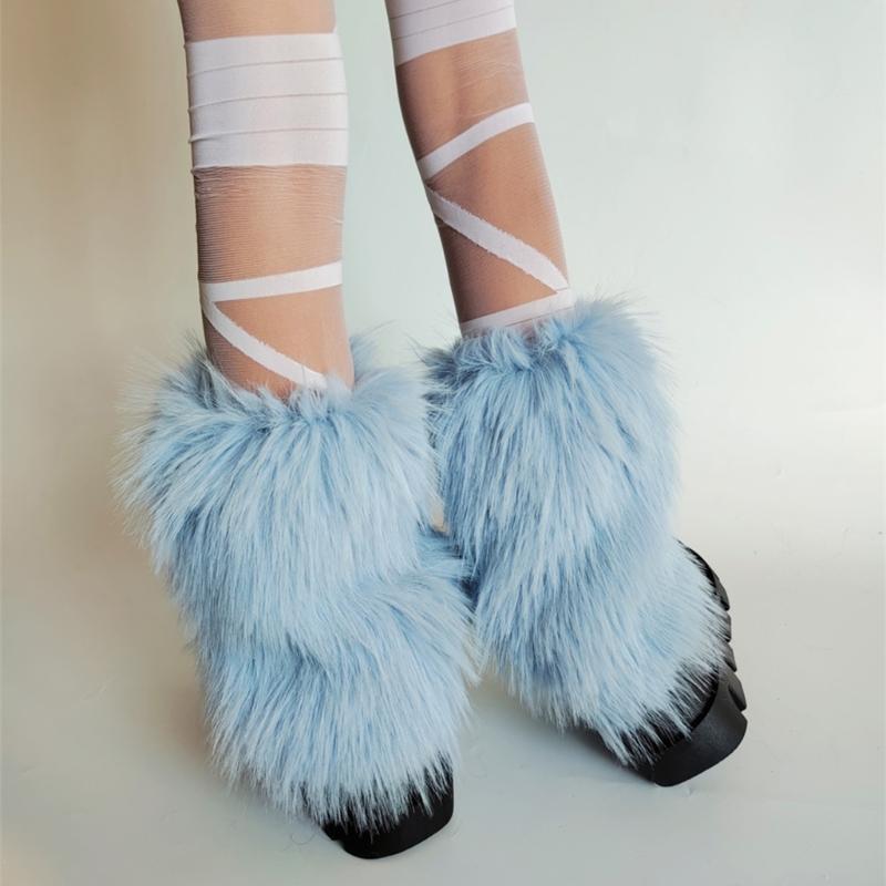 Plush Furry Leg Warmers for Women Cozy Winter Boot Toppers Thermal Warm Blue Fuzzy Foot Covers Footless Socks Gaiters