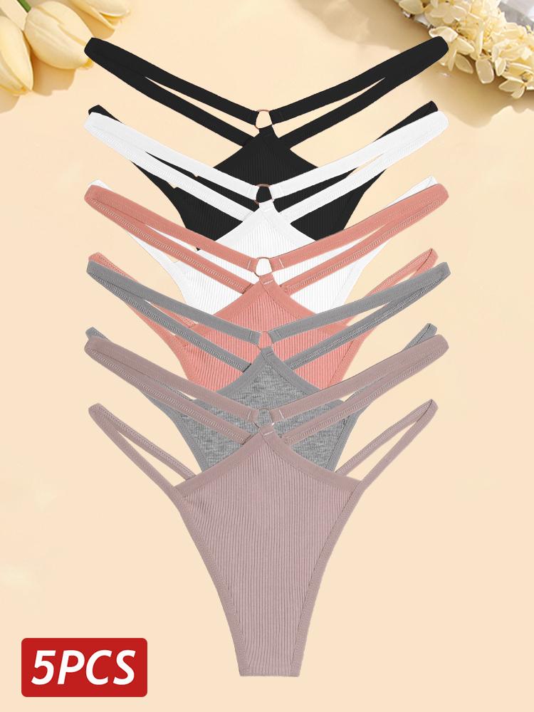 FINETOO 5 Teile/satz Frauen Baumwolle Höschen Sexy Aushöhlen Thongs Weibliche Atmungsaktive Unterwäsche Metall Ring G-String Lignerie Elastische Low Rise