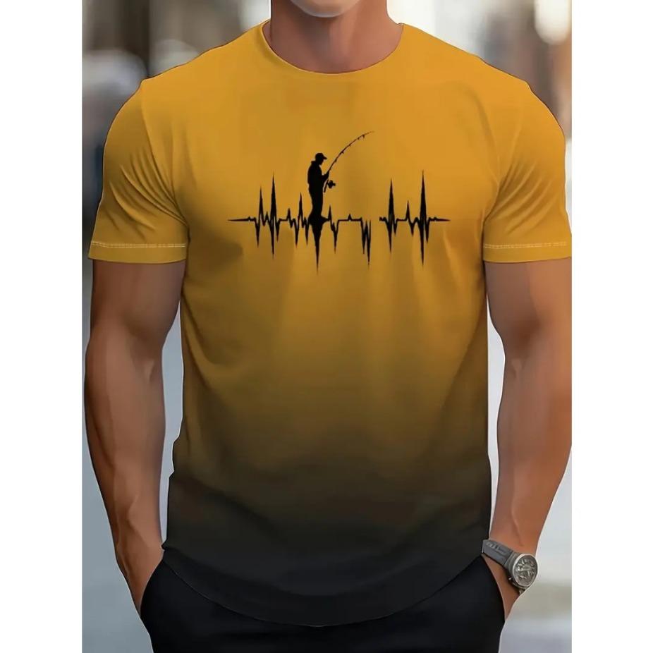 Fishing Print T-shirt, Men's Casual Street Style Stretch Round Neck Tee Shirt for Summer, Fishing Gear