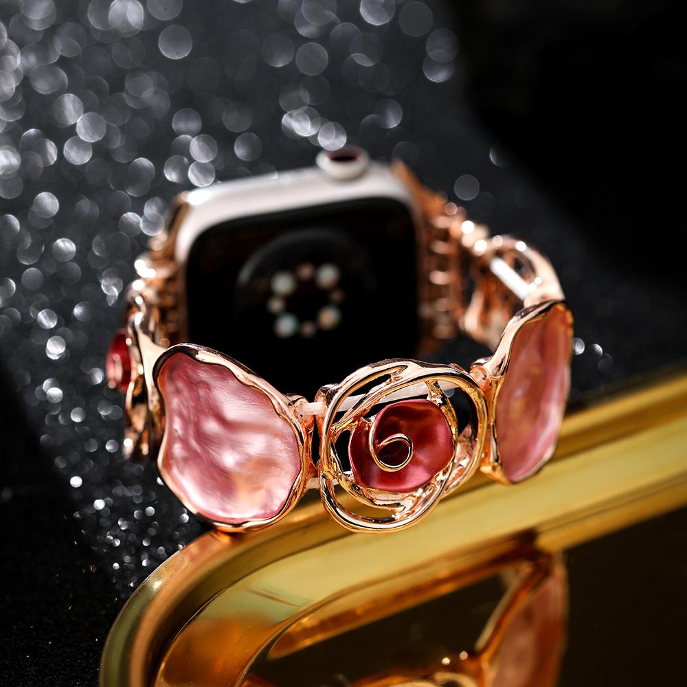 Vintage Dutý Růžový Elastický Náramek pro Apple Watch se 40mm Řemínek 42 44 45 49 38 41mm Květinový Kovový Řemínek pro iWatch 9 8 7 6 5 4