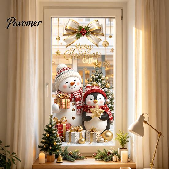 Santa Snowman Elk Stickers Christmas Window Clings, Cute Penguin Reindeer for Holiday Glass Clings Glass, Reusable Static PVC Decal Party Store Decor