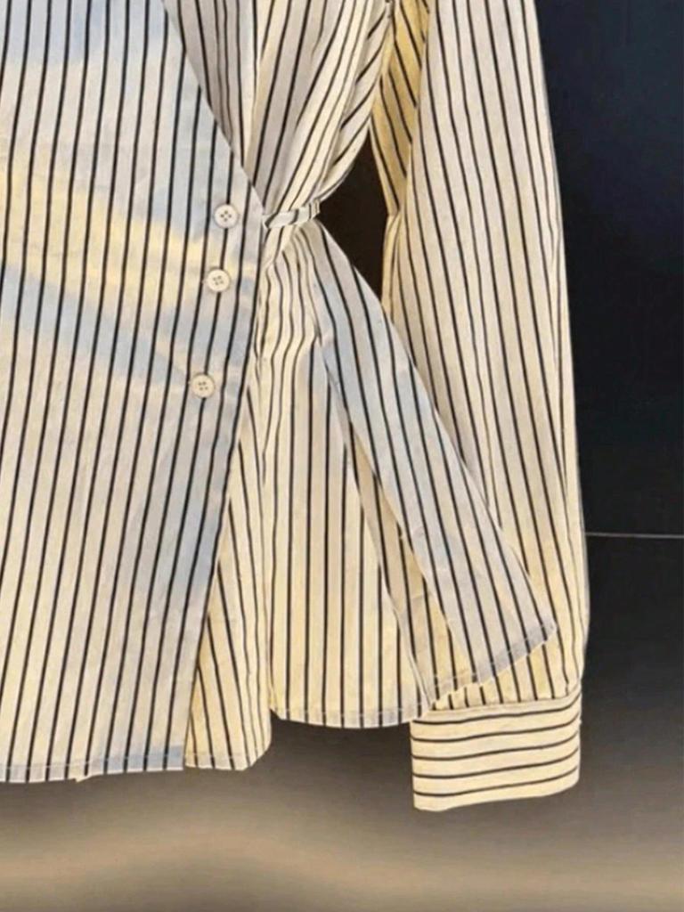 Women's Autumn 2025 Slimming Striped Long Sleeve Shirt with Irregular Waist-Cinching - Chic and Niche Style