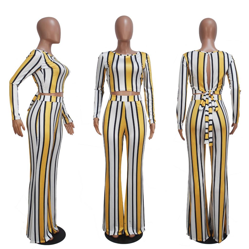 D9116 Women's Clothing Hot-selling European and American Women's Clothing, Long-sleeved Striped Printed Back Strap Set
