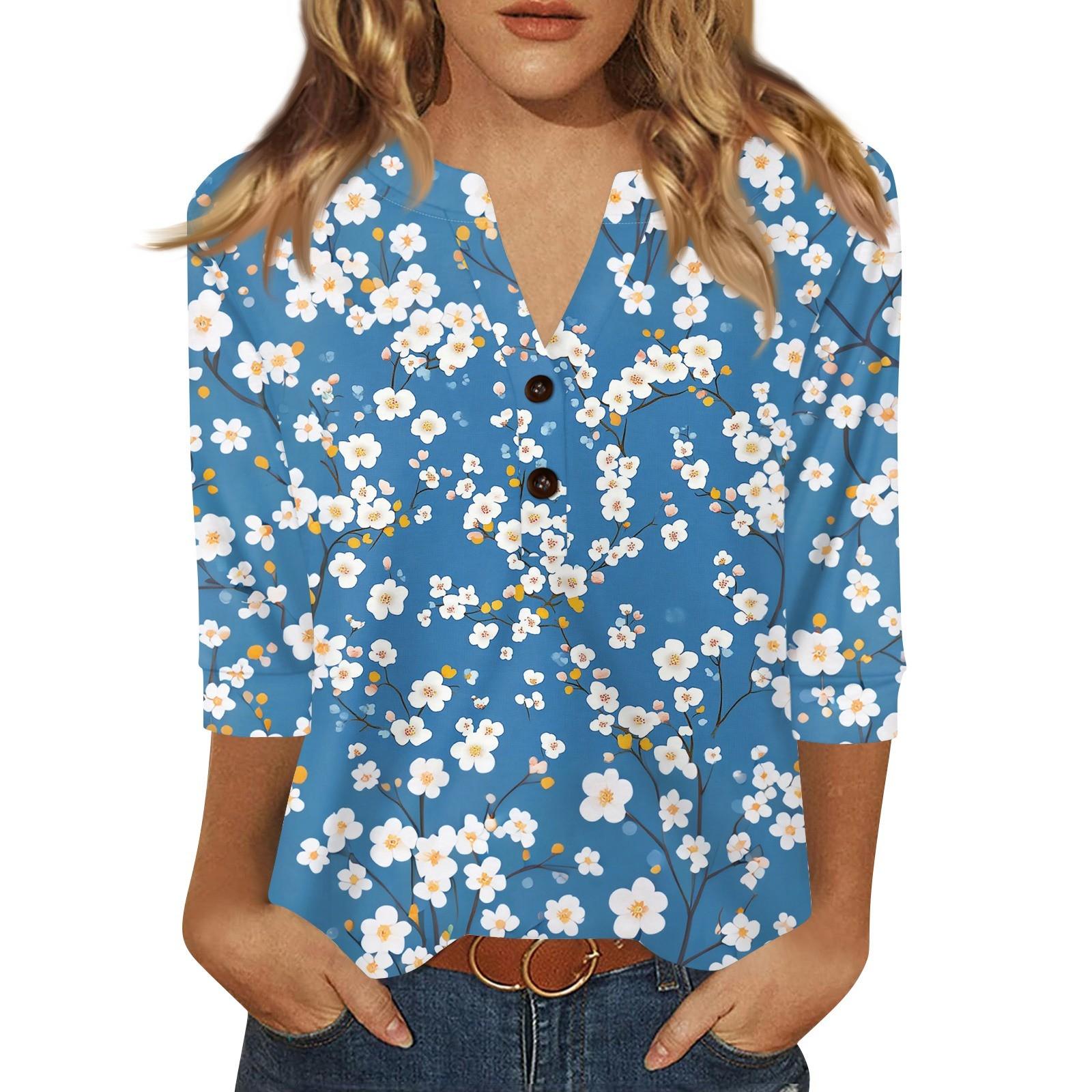 

Жен. Футболка С принтом Пуговицы Рукав 3/4 Повседневные Выходные Мода Классический Классический V-образный вырез Обычный Верх XXL синий