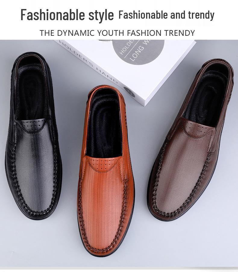Men's Cross-Season Leather Shoes: Breathable Top Layer Cowhide, Perforated Casual Design for Middle-Aged Men, Available in Large Sizes