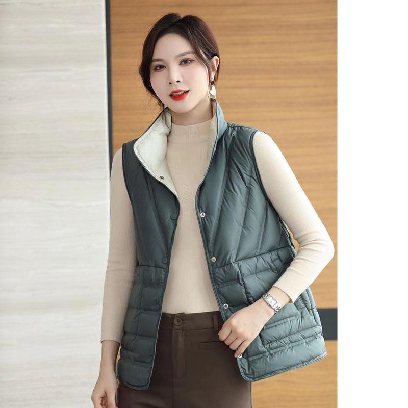 Women Light Weight Thermal Seamlessly Sleeveless Stand Collar White Duck Down Jacket All Match Reversible Chic Vest