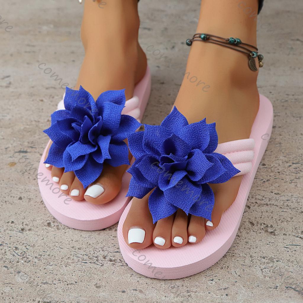 Fashion Comemore 2025 New Women's Thick Sole Slides Flower Decor Comfortable Home Slippers Casual Lightweight Beach Flip Flops Women