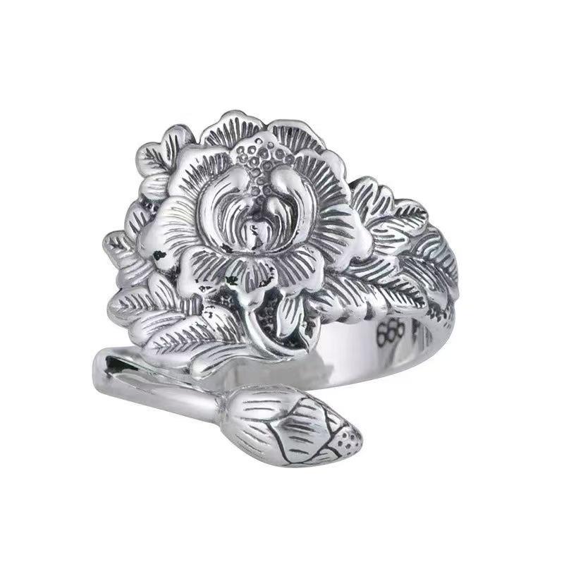 Retro Ethnic Peony Floral Wide Band Women's Ring - Exaggerated Ancient Style and Heavenly Fragrance-Inspired Design