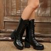 British Style Block Heel Short Boots Women's Spring and Autumn Round Toe Lace-Up Front High Heel Mid-Tube Single Boots