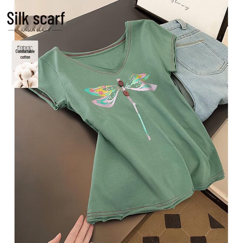 Women s Dragonfly Print V-Neck Short-Sleeve T-Shirt L