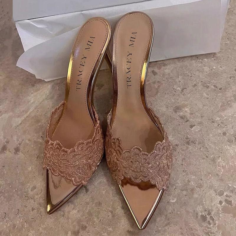 

2025 новые туфли на высоком каблуке шпильке шампанское золото вышитые сандалии вышитые полушлепанцы сексуальные остроносые банкетные сандалии женские 39