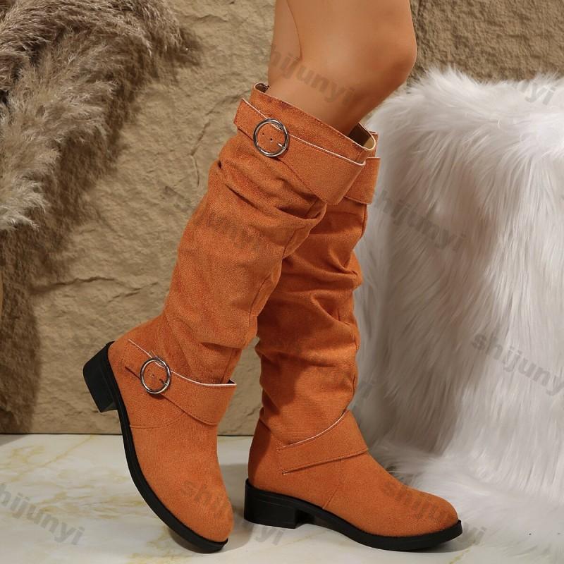 Fashion Women's Chunky Heeled Long Pleated Boots Comfortable Slip On Boots Woman Autumn Winter Thick Heel Belt Buckle Knee High Booties