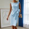 Women Sleeveless Bodycon Dress Ruched Bow Tie Side Slit Midi Dress Lady Formal Cocktail Party Work Dress
