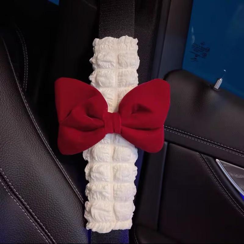 Cute Pink Bow Puff Plush Car Seat Belt Cover Soft Seatbelt Shoulder Pad Protector Auto Neck Support Cushion For Women Girls