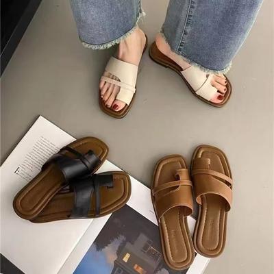 One-word Set of Toe Slippers Women's Summer New Korean Version Retro Simple One-word Slippers One-pedal Roman Sandals