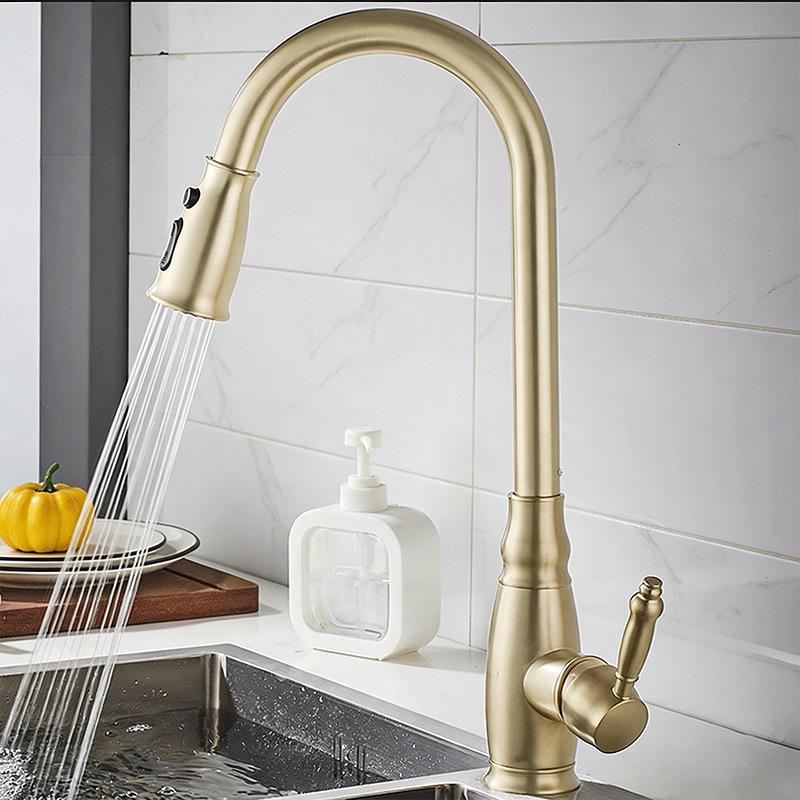 Elegant European-Style Brass Kitchen Faucet with Pull-Out Sprayer for Hot and Cold Water