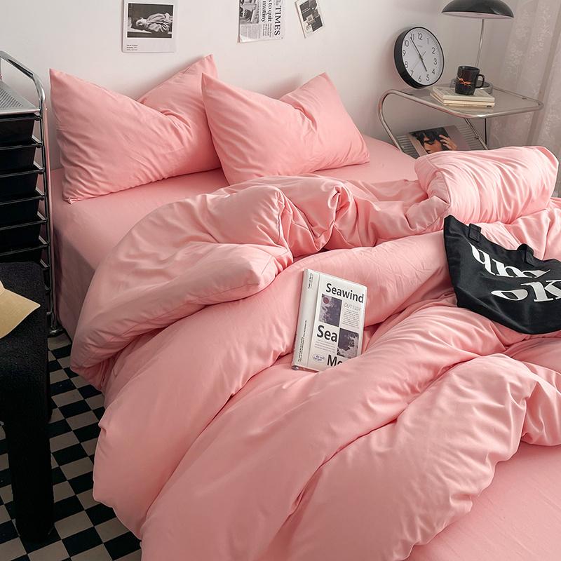 Bettwäsche-Set aus gewaschener Baumwolle 4-teilig Bettlaken-Set Einfarbig Bettbezug Paar Queen King Size Bett Steppdeckenbezug