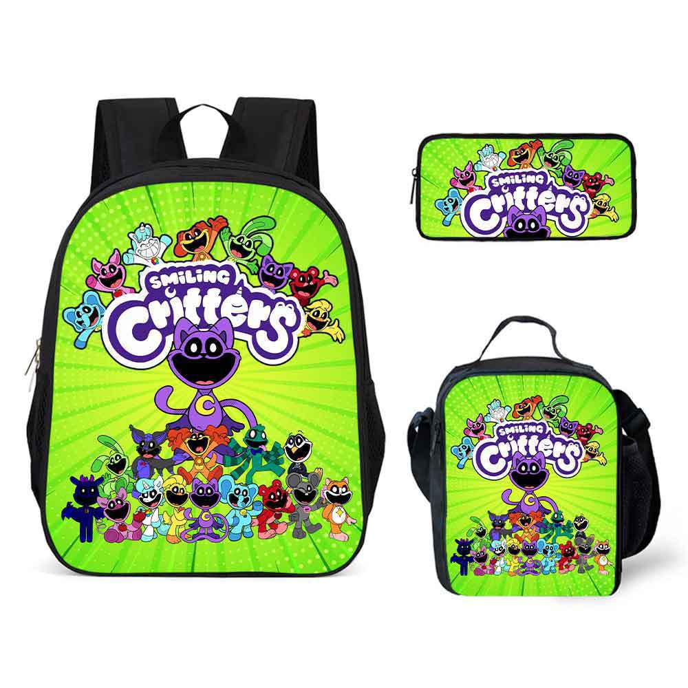 Smiling Critters Cartoon Backpack Shoulder Bag Pencil Case 3-Piece Set, Kids School Bookbag