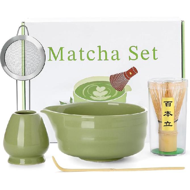 Matcha Whisk Set - 5PCS Matcha Set Includes 17OZ Chawan with Spout, Bamboo Chasen Whisk with Ceramic Holder, Mat cha Scoop and Stainless Sifter,