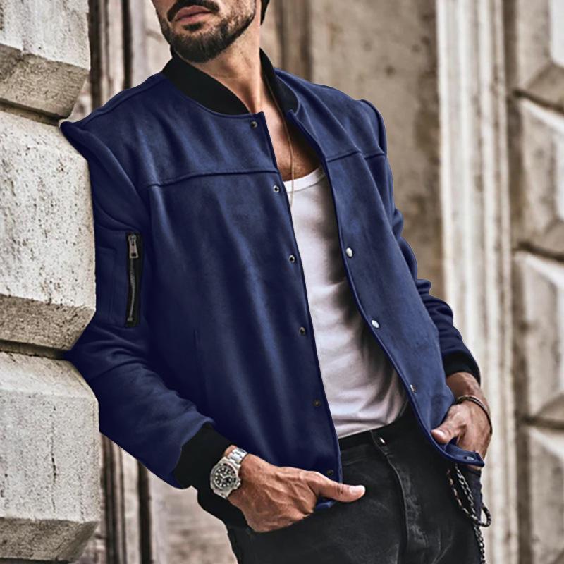 Suede Stand-Up Collar Men's Button Cardigan Jacket - Autumn/Winter Retro American Casual Outerwear