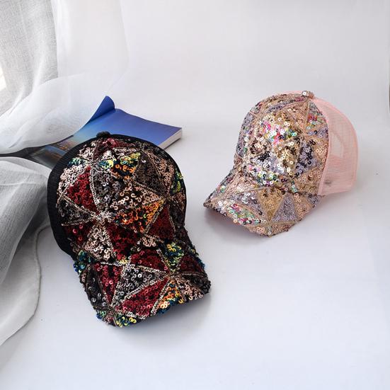 Shiny Sequins Breathable Net Stitching Extended Brim Baseball Hat Sunscreen Bright Color Stage Sun Hat Fashion Accessories