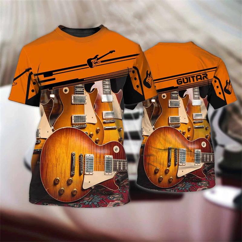 3D Printed Art Guitar T-Shirt For Men Musical Instrument Pattern T Shirts Summer Casual Tees Round Neck Tops Loose Short Sleeves