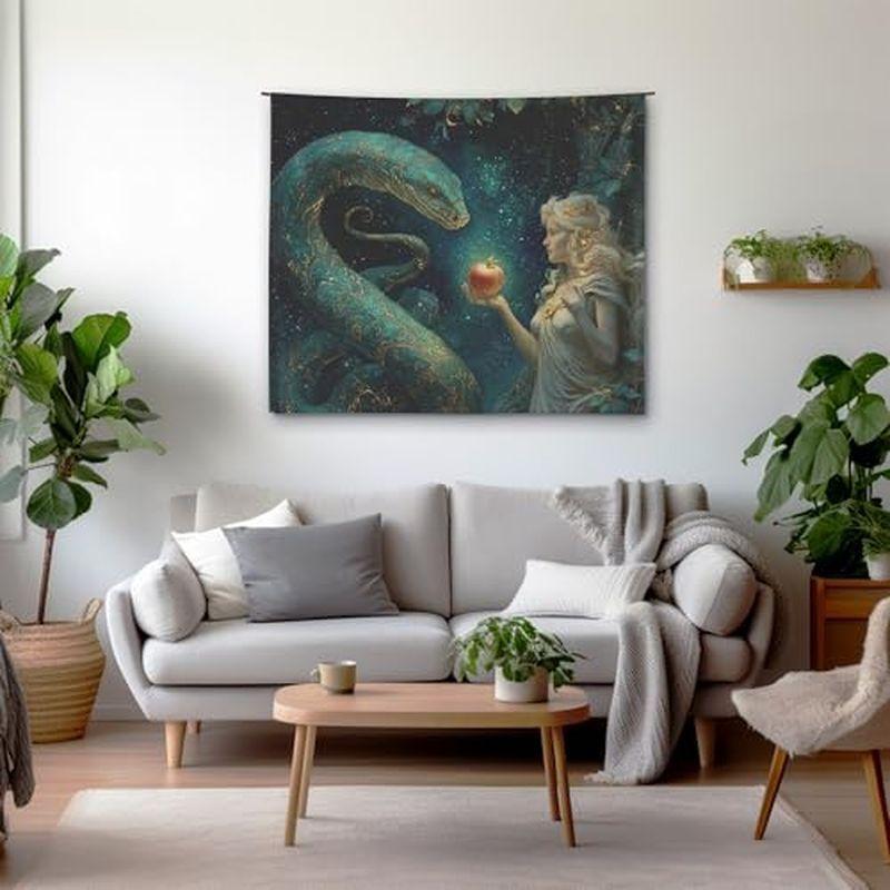 Eve Snake Apple Garden Eden Myth Wall Tapestry Dark Green Starry Sky Serpent Blonde Woman Fruit Oil Painting Bedroom Soft