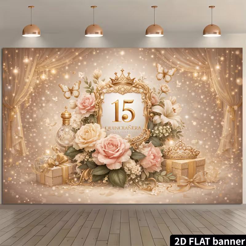 2D Sweet 15 Gold Crown and Butterfly Backdrop Photo Booth Background