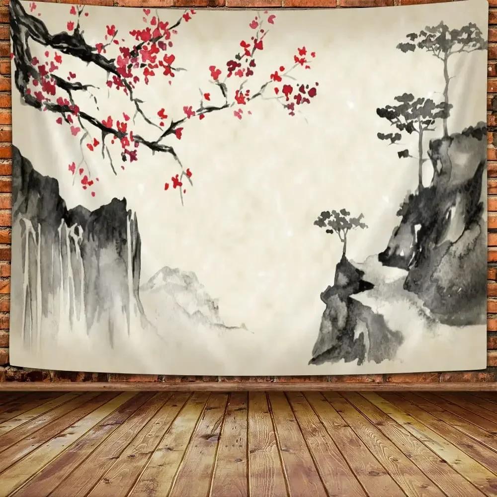 Asian Chinese Tapestry Cherry Blossom Tapestry Japanese Tapestry Nature Landscape Tapestries for Bedroom Living Room Home Decor
