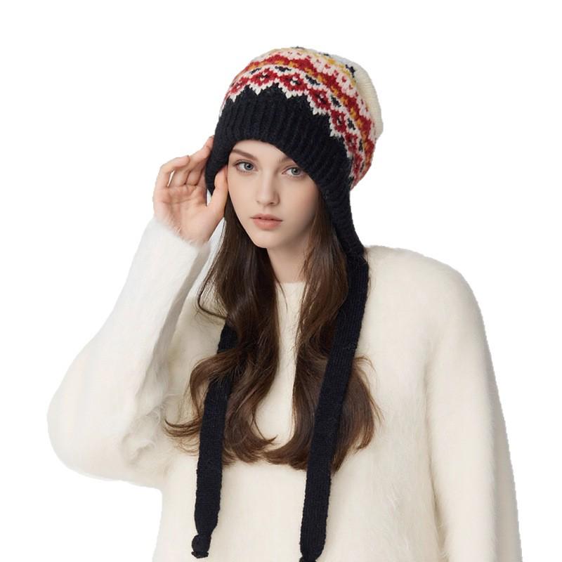 Women's Fair Isle Pompom Knitted Hat - Retro Jacquard Wool with Ear Protection for Winter Warmth