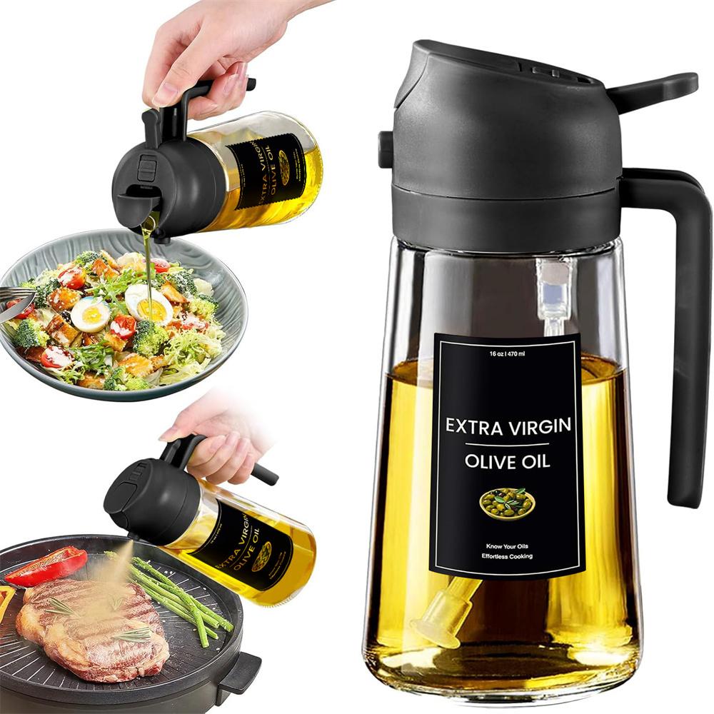 Oil Sprayer for Cooking,2in1 Olive Oil Dispenser Bottle for Kitchen with Stickers,16oz/470ml Premium Glass,Food-grade Oil Mister
