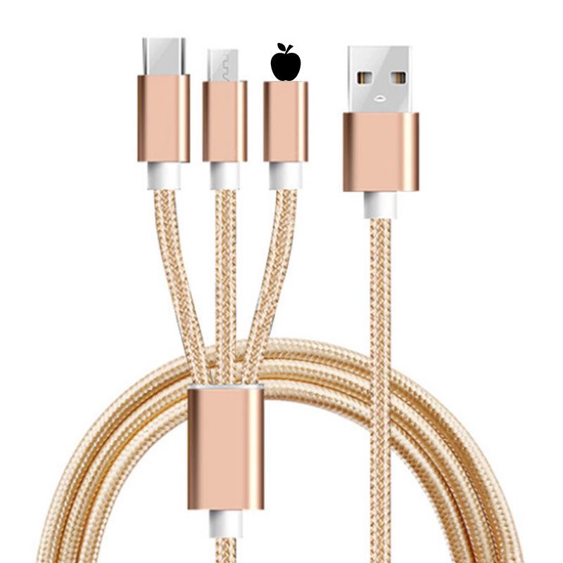Nylon Braided 3-in-1 Fast Charge Cable for Apple, Android, and Type-C Devices (3A)