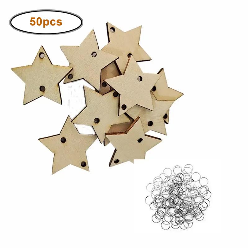 

50pcs/pack Unfinished Blank Wood Round/Heart/Star Pendants Disc Wooden Pieces with Hole and Conneted Rings for DIY Craft Art