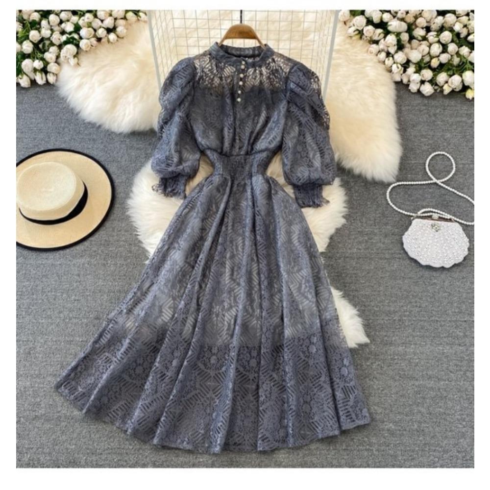 Court Style Stand-up Collar High Waist and Thin Bubble Sleeves Lace Dress Bohemian Seaside Vacation Big Swing Dress Women