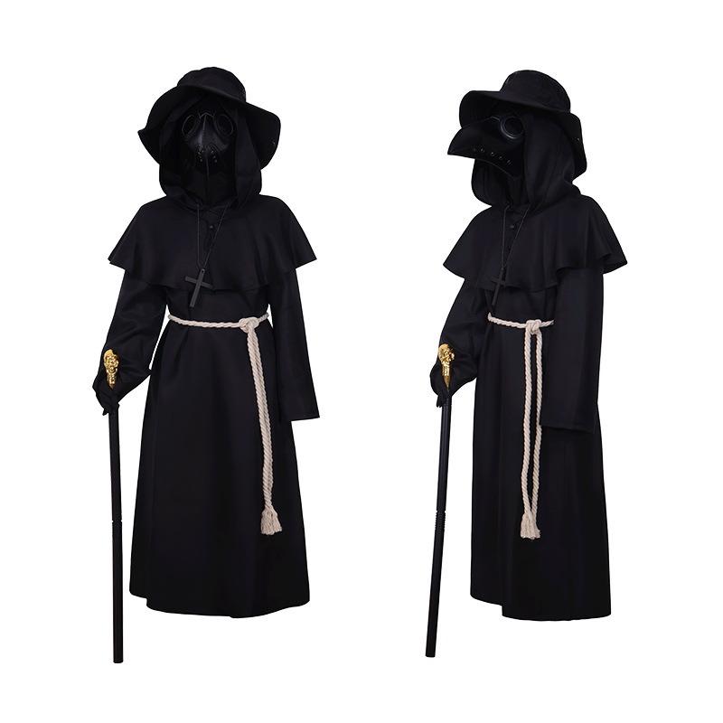 Halloween costume Plague doctor black cape robe with beak mask cosplay costume