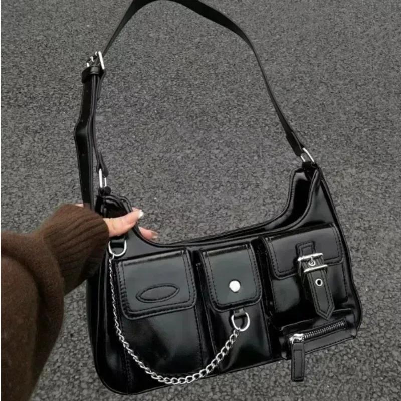 Y2K koreanske kvinner Harajuku Vintage Gothic Svart Håndveske Estetisk Elegant Punk Lommebok Veske Håndvesker Skulder Trend Tote Bags