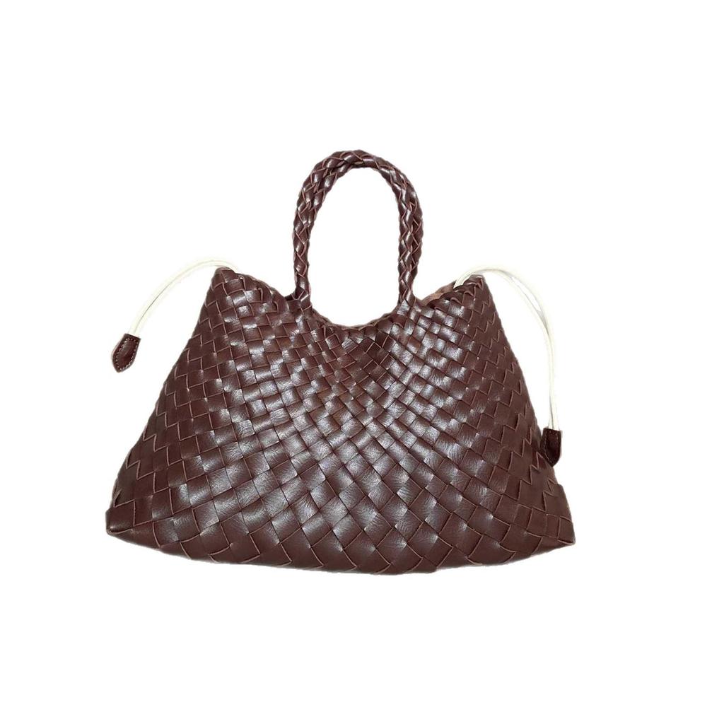 Retro Style Genuine Leather Hand-Woven Basket Handbag - Versatile Women's Bag with Thick Leather Strips