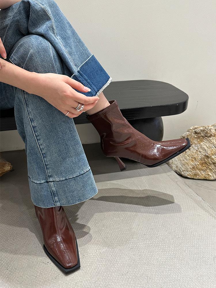 

Короткие ботильоны из коричневой лакированной кожи с квадратным носком, женские ботильоны на тонком высоком каблуке, ботинки челси, эластичные тонкие ботильоны, короткие ботильоны, женские ботинки 39 темно-коричневого