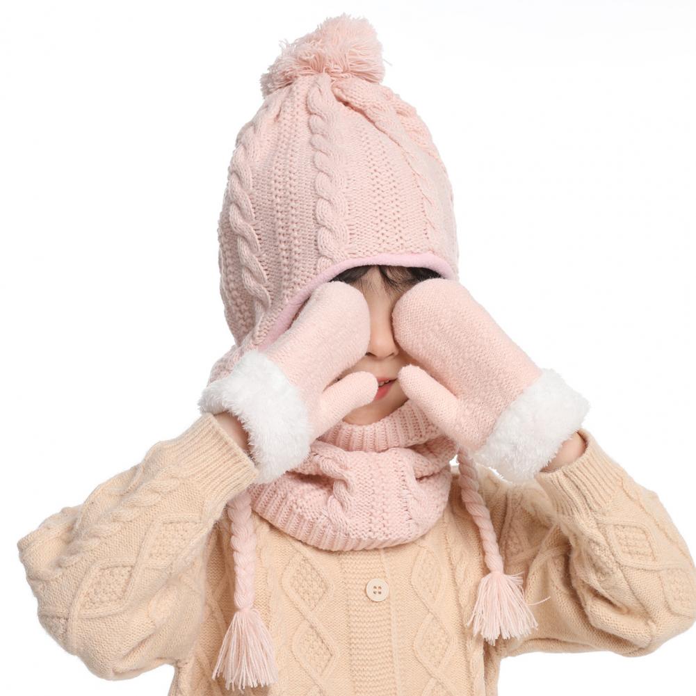 3 Pcs/Set Children Hat Scarf Glove Set Thickened Plush Ball Decor Twisted Texture Knitted Heat Retention Windproof Warm Girls Bo