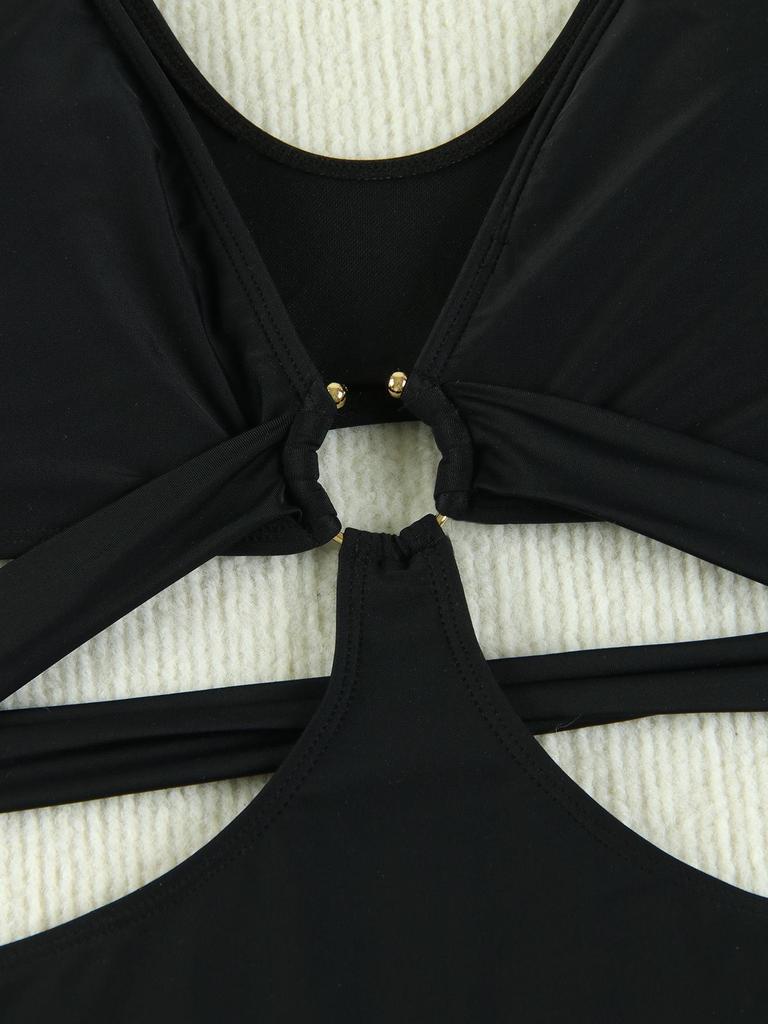 European and American Deep V Solid Color Hollow Out Sexy Women's Bikini Swimsuit