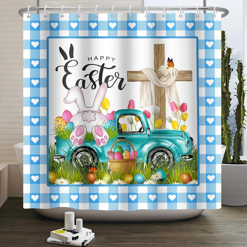 Spring Easter Shower Curtain Happy Rabbit Bunny Eggs Flower Garden Floral Holiday Waterproof Bathroom Shower Curtain With Hooks