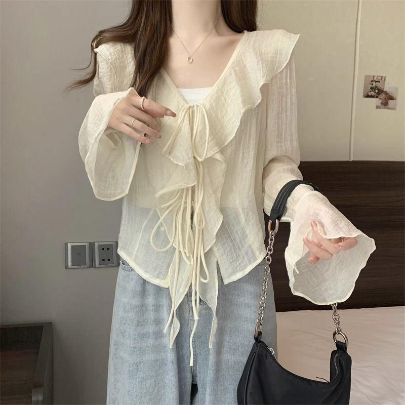 

Французский дизайнерский нишевый шифоновый блузон женский с V-образным вырезом, длинным рукавом, кардиган для защиты от солнца, топ с оборками, летний тонкий стиль XL