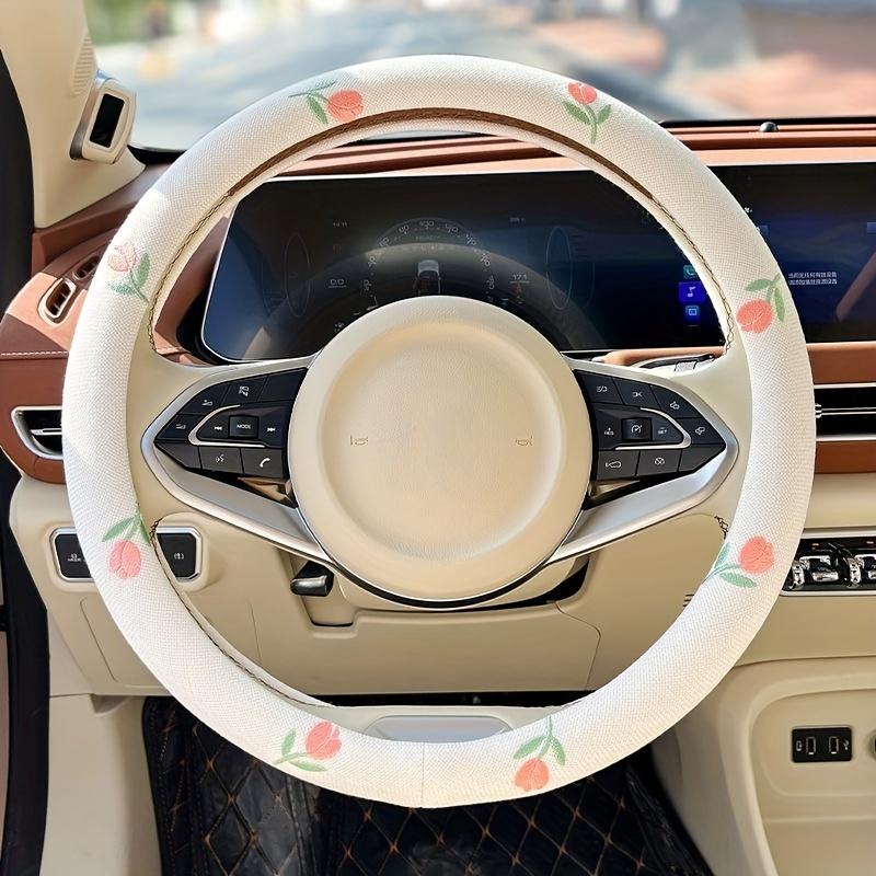 2pcs Cotton and Linen Embroidered Tulip Car Steering Wheel Cover Auto Parts - Anti-Slip, Wear-Resistant, Sweat Absorbing