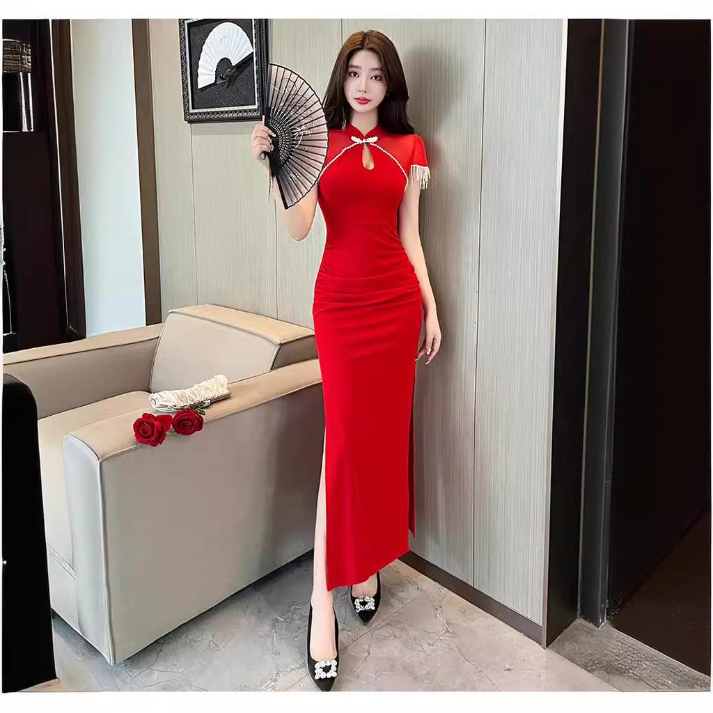 Evening dress women's new high-end modified cheongsam dress hip-wrapped split sexy tight dress summer