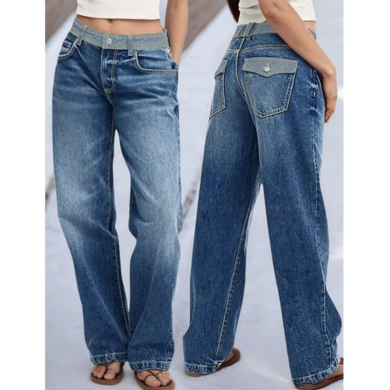 Women's Spring Design Patchwork Color-Block Vintage Casual Jeans Unique Commuter Jeans