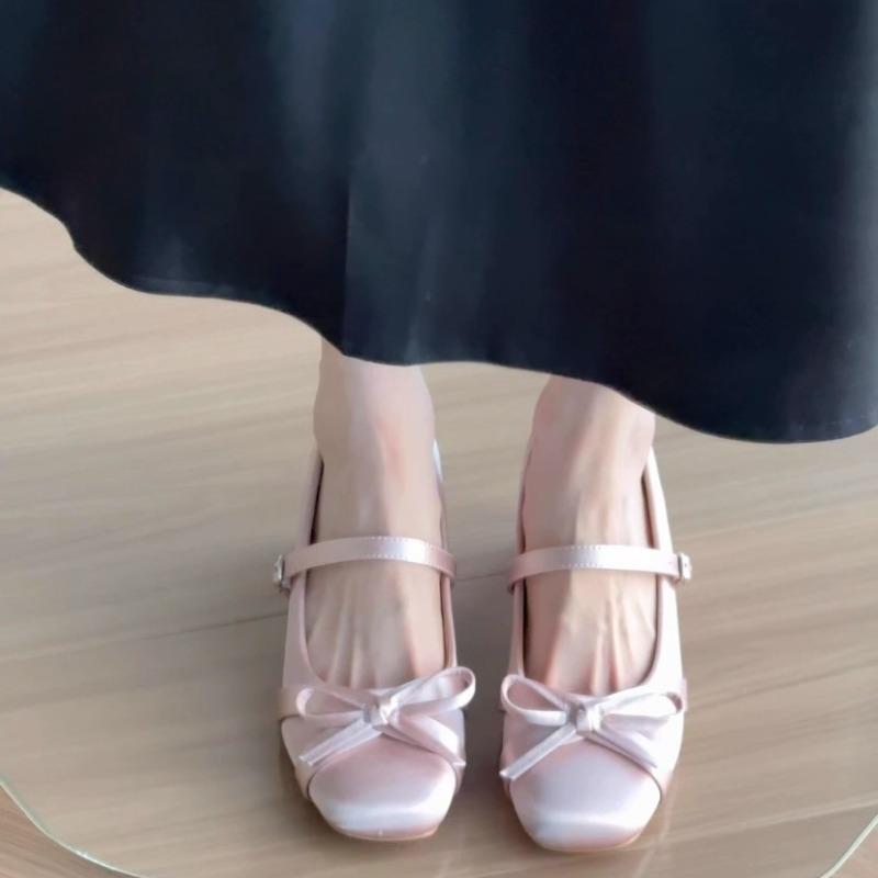 Inside Heightened Mary Jane Shoes Autumn New Square Toe Shallow Mouth Bow Slip Strap Non-Slip Kitten Heel
