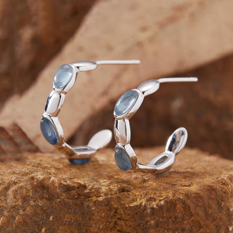 Natural Gemstone Aquamarine Stud Earrings S925 Sterling Silver Simple Fashion Treasure Xiaohongshu Earrings