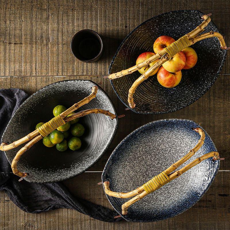 Japanese Ceramic Sushi Plate with Bamboo Handle – Creative Hanging Fruit & Dessert Tray
