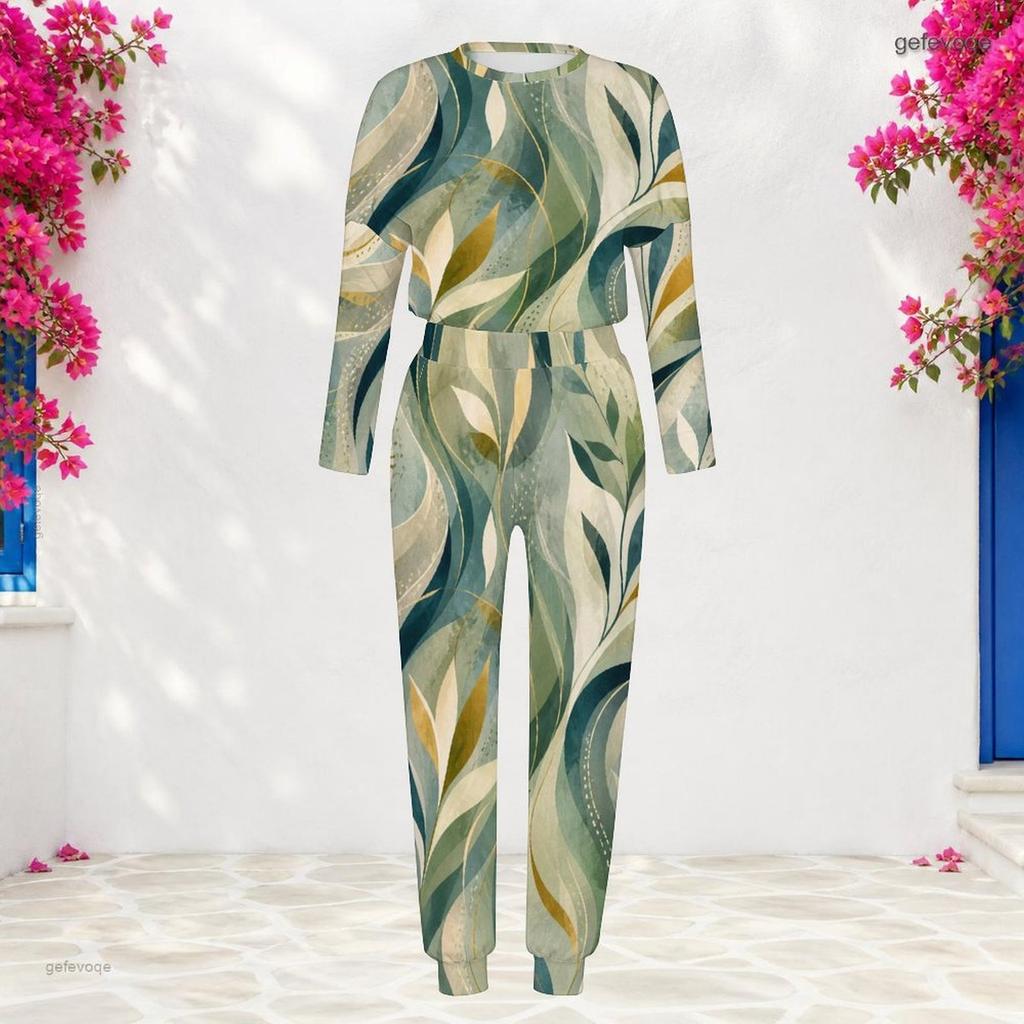 Women Plus Size White Teal Printed Round Neck Long Sleeve Cuffed Top And Cuffed Pants Two Piece Set